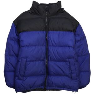 GAP Men’s Royal Blue Black Puffer Coat, Full Zip, Storable Hoodie, Men’s Medium